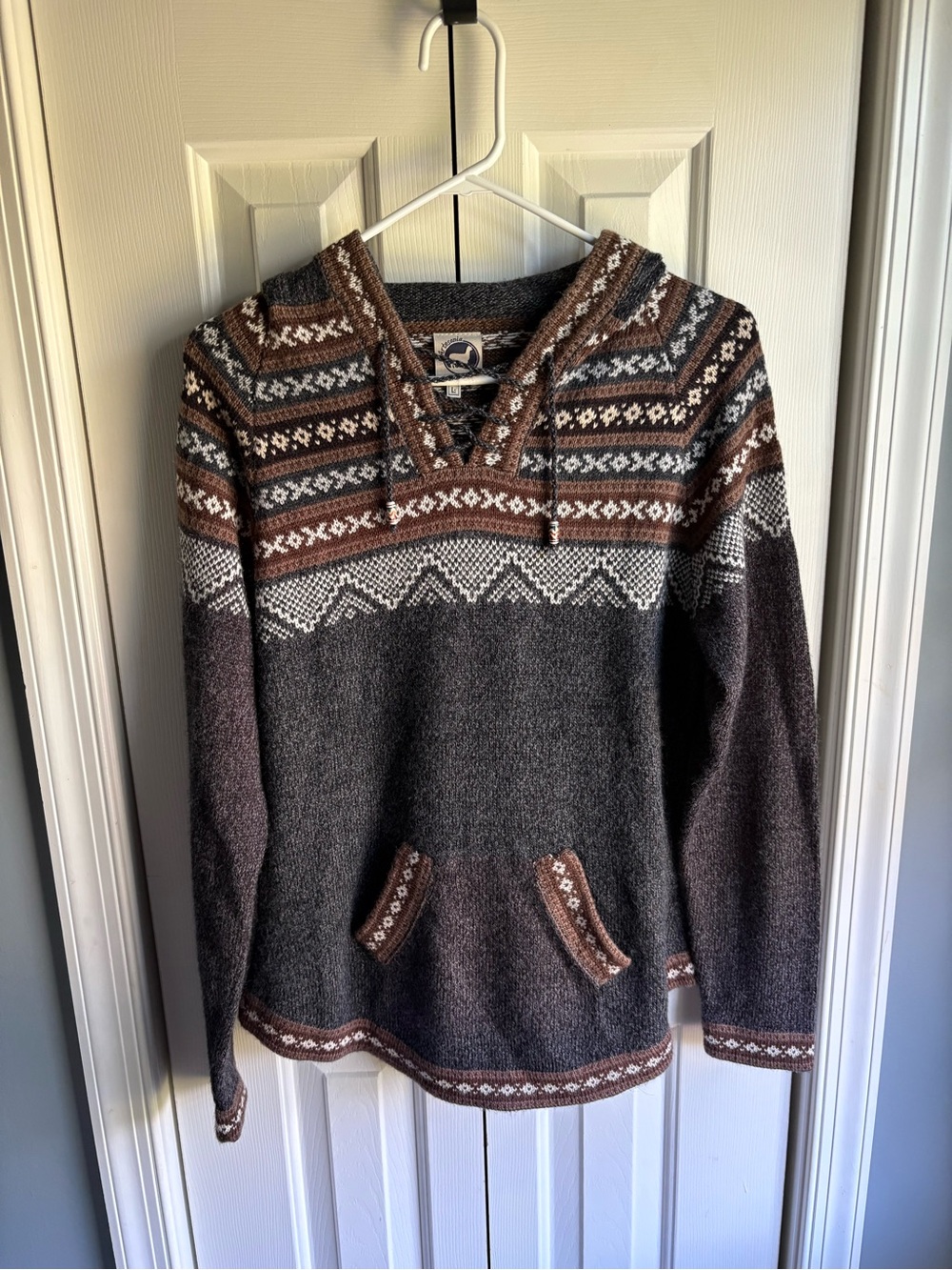 Artesania Womens Gray Hooded Alpaca Blend Sweater Fair Isle Size Large